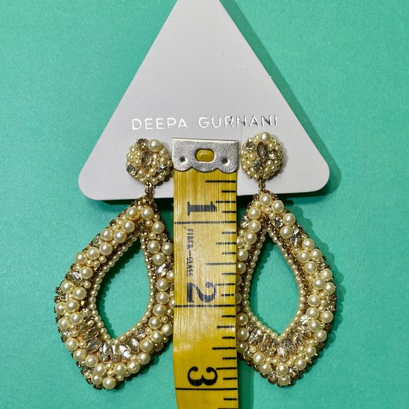 Deepa Gurnani Pearl & Rhinestone Statement Chandelier Earrings Ivory NWT - Picture 14 of 14